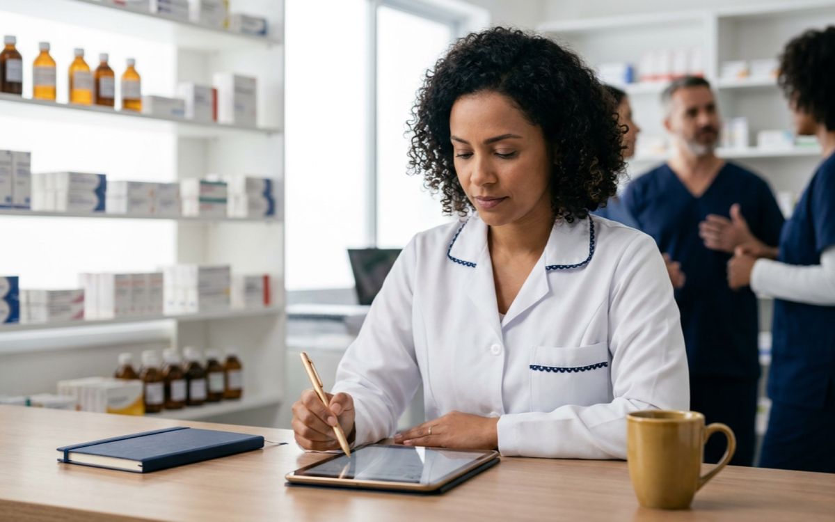 Farmacêutica em análise de prescrição em farmácia hospitalar