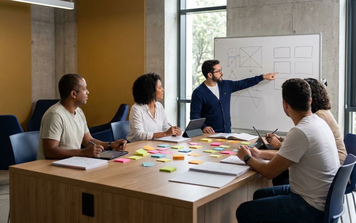 Grupo em aprendizagem colaborativa com mesas em ilha e quadro