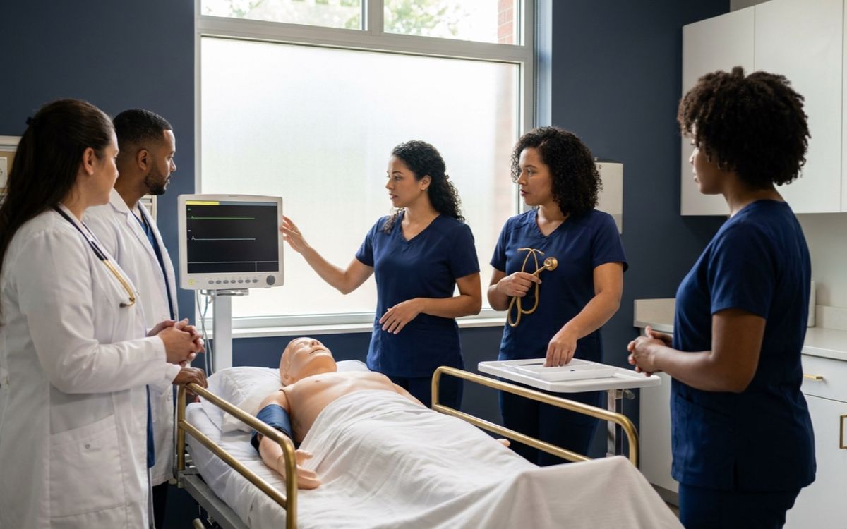 Equipe de enfermagem em simulação realística de urgência