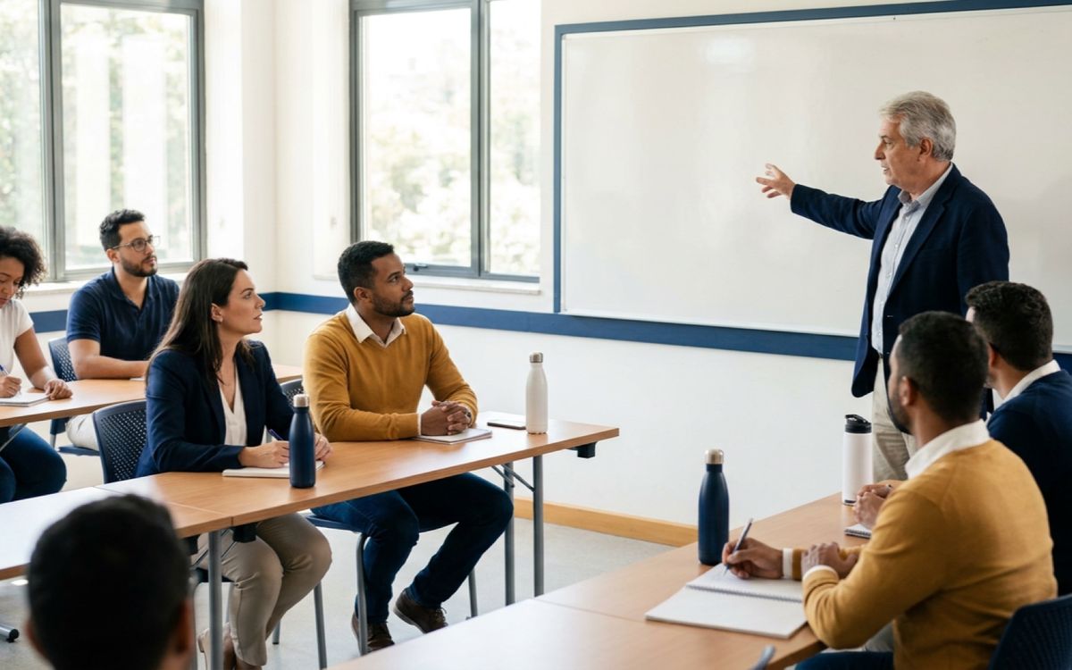 Professor em sala de aula universitária com turma adulta — Docência no Ensino Superior