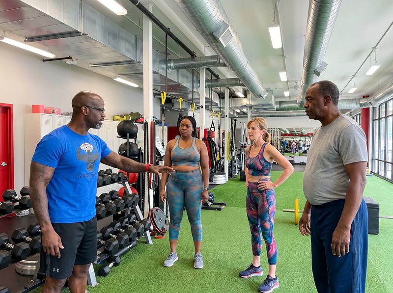 Coach Snugg assisting midlife clients with small group personal training in Chicago