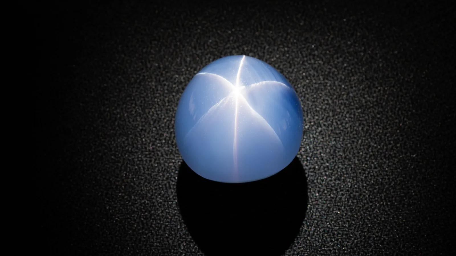 The Star of India, a large blue star sapphire cabochon showing a six-rayed asterism, photographed on black.