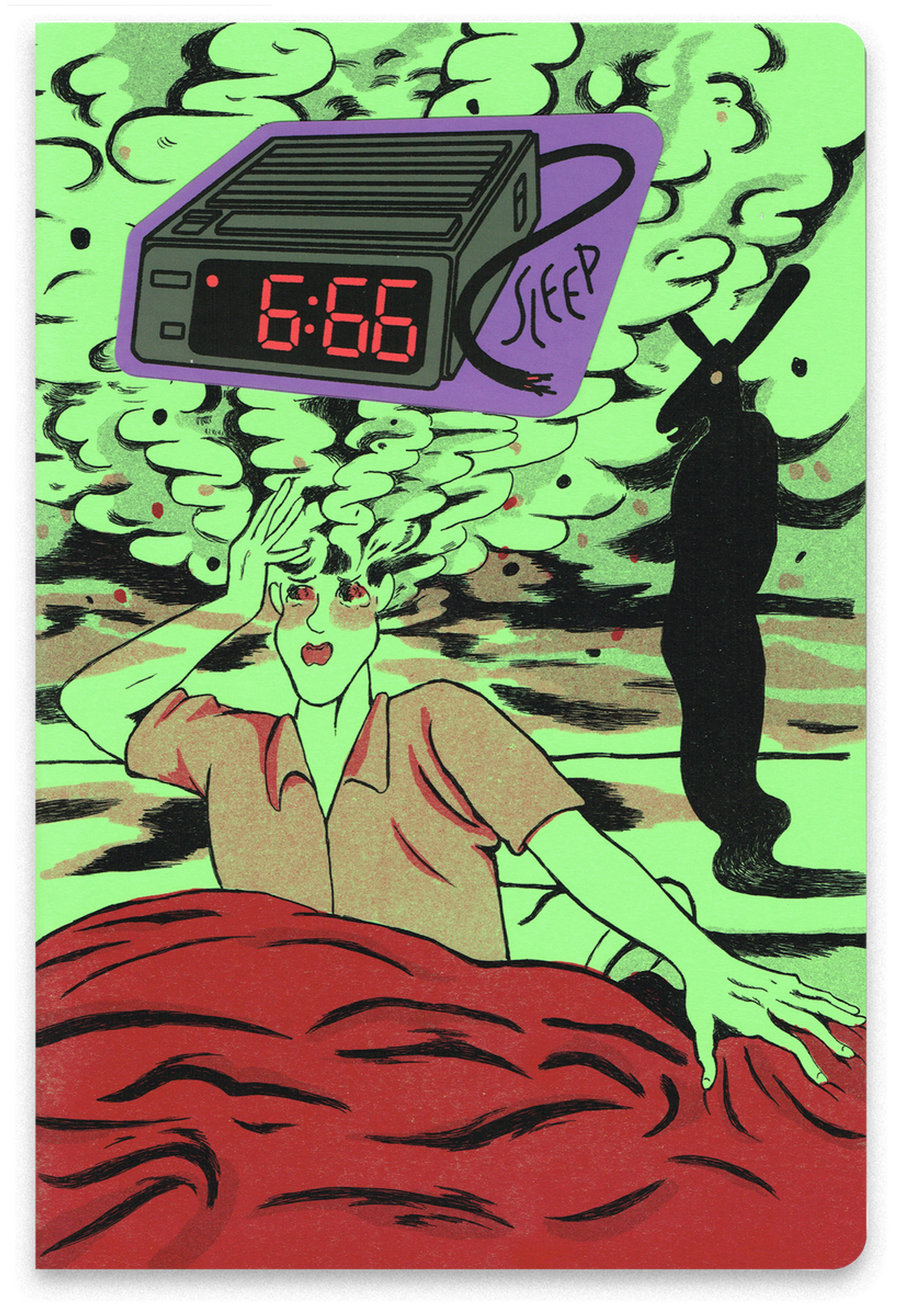 Cover by lurn maxwell, sticker and text by Eric Schneider. Image of a man being woken up in the middle of the night by a terror. The terror lingers in the background, its horns stretching towards the ceiling.