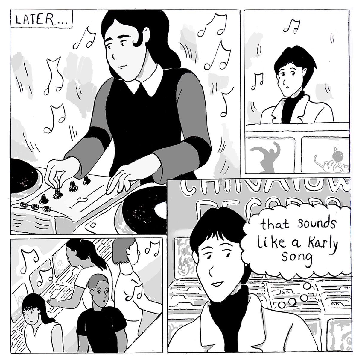 Page 5 - Carly is in the middle of a set. The record store starts to fill up with more people. Charlie notices the song that is playing on the live speakers and realizes that Charlie must be DJing.