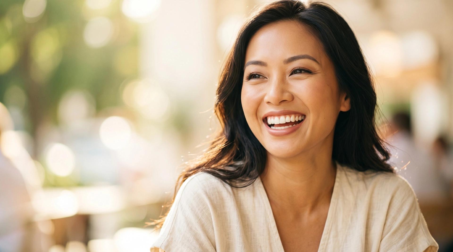 A smiling woman showcasing a healthy, confident smile after receiving cosmetic dentistry treatment at Pristine Smile in Fairfax.