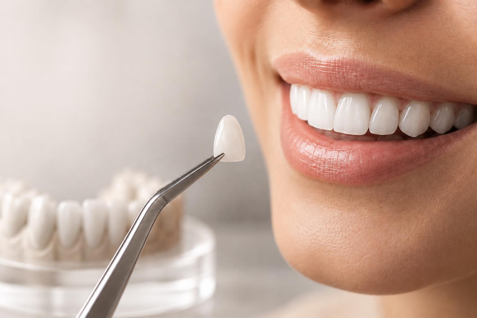 A close-up view of a dental professional holding a thin porcelain veneer shell next to a patient's bright, enhanced smile.