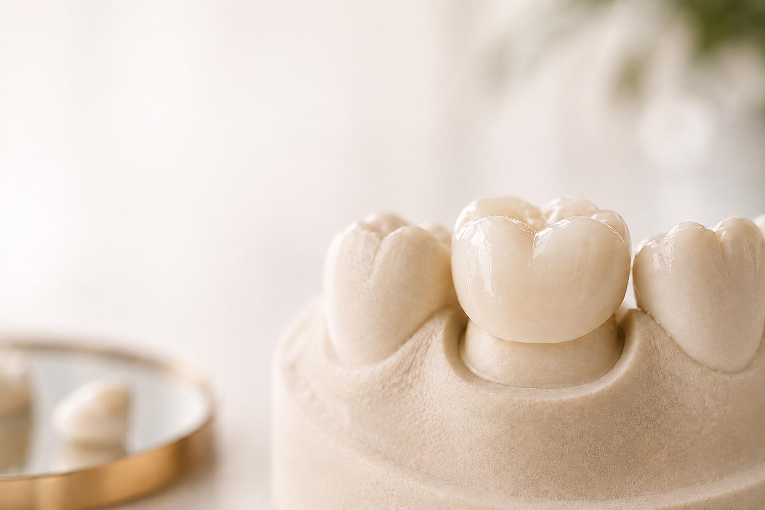 A realistic dental model demonstrating how a custom porcelain dental crown fits completely over a prepared molar tooth to restore structure.