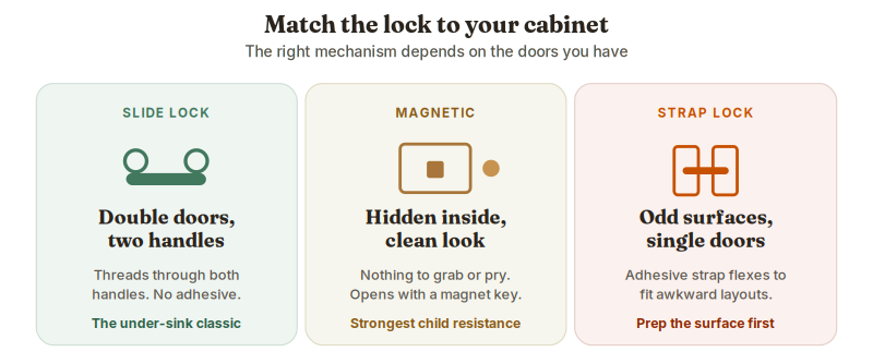 Slide lock (two handles) / magnetic (hidden) / strap (odd surfaces).