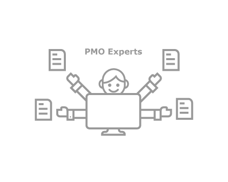Illustration of a PMO expert at a computer managing several project documents at once