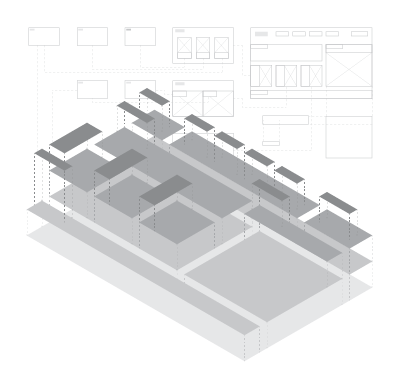 Wireframe layers showing a page layout built up into an interactive prototype