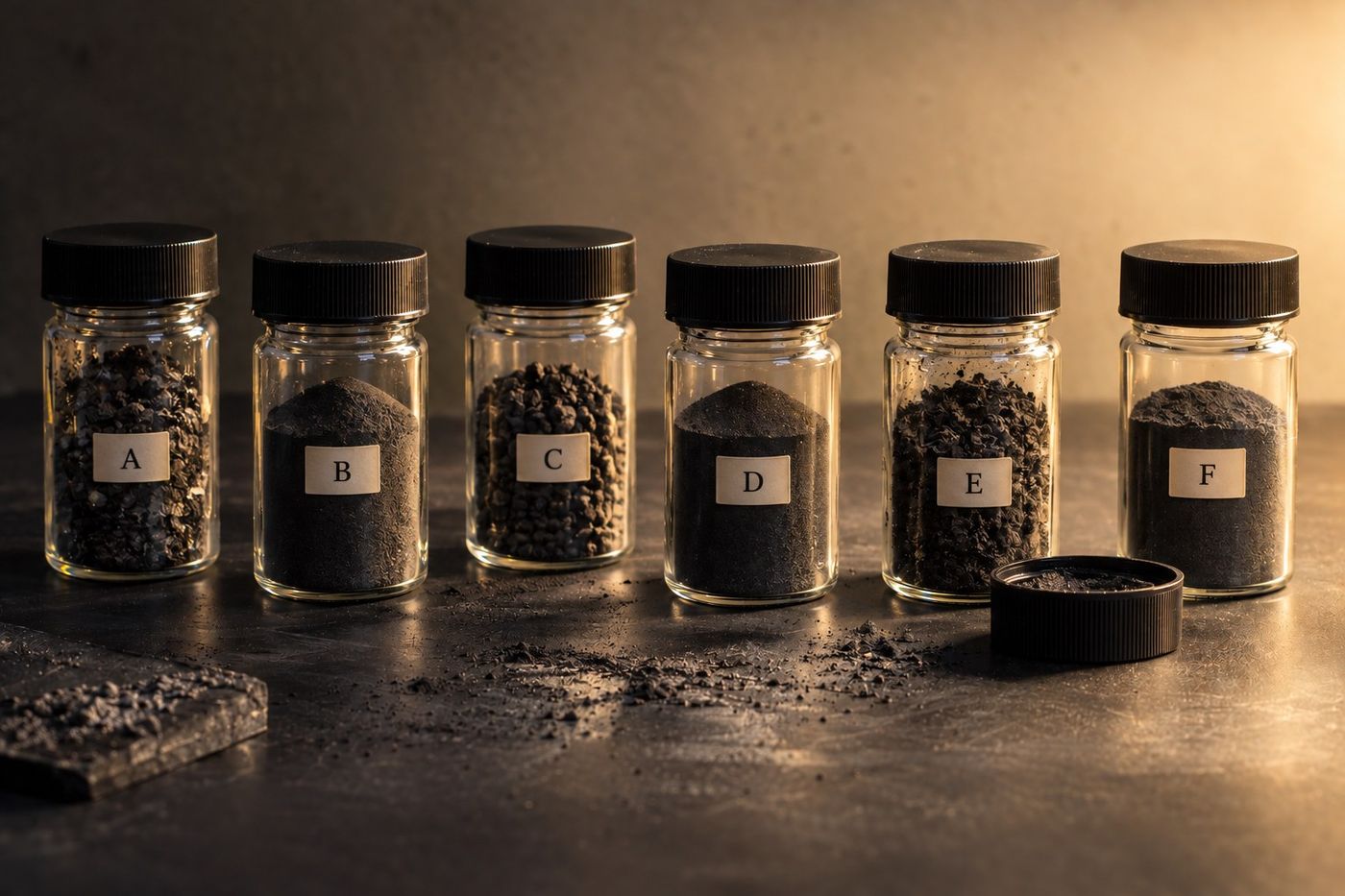 Six glass jars labeled A to F holding dark carbon powders and granules