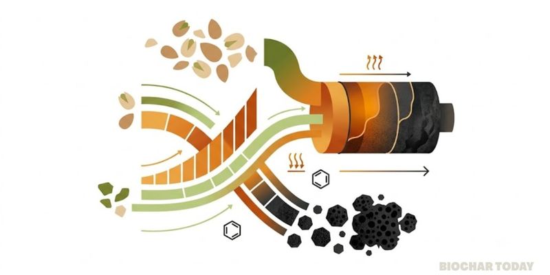 Almond shells produce up to 41% biochar through fixed-bed pyrolysis