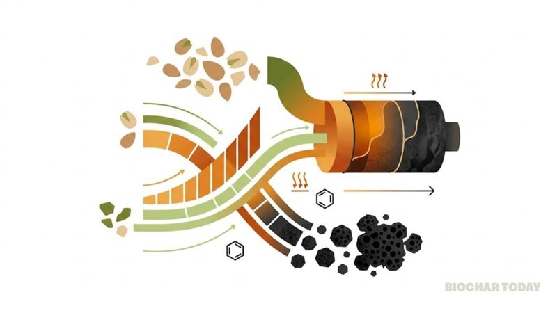 Almond shells produce up to 41% biochar through fixed-bed pyrolysis