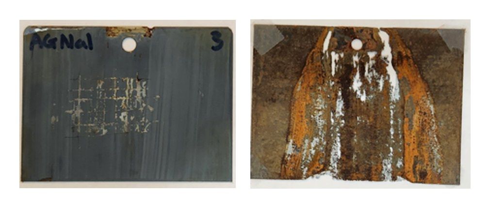 Two steel test panels side by side: the left panel, coated with aminated graphene-filled epoxy, shows little rust; the right panel, a paint-only control, is heavily rusted.