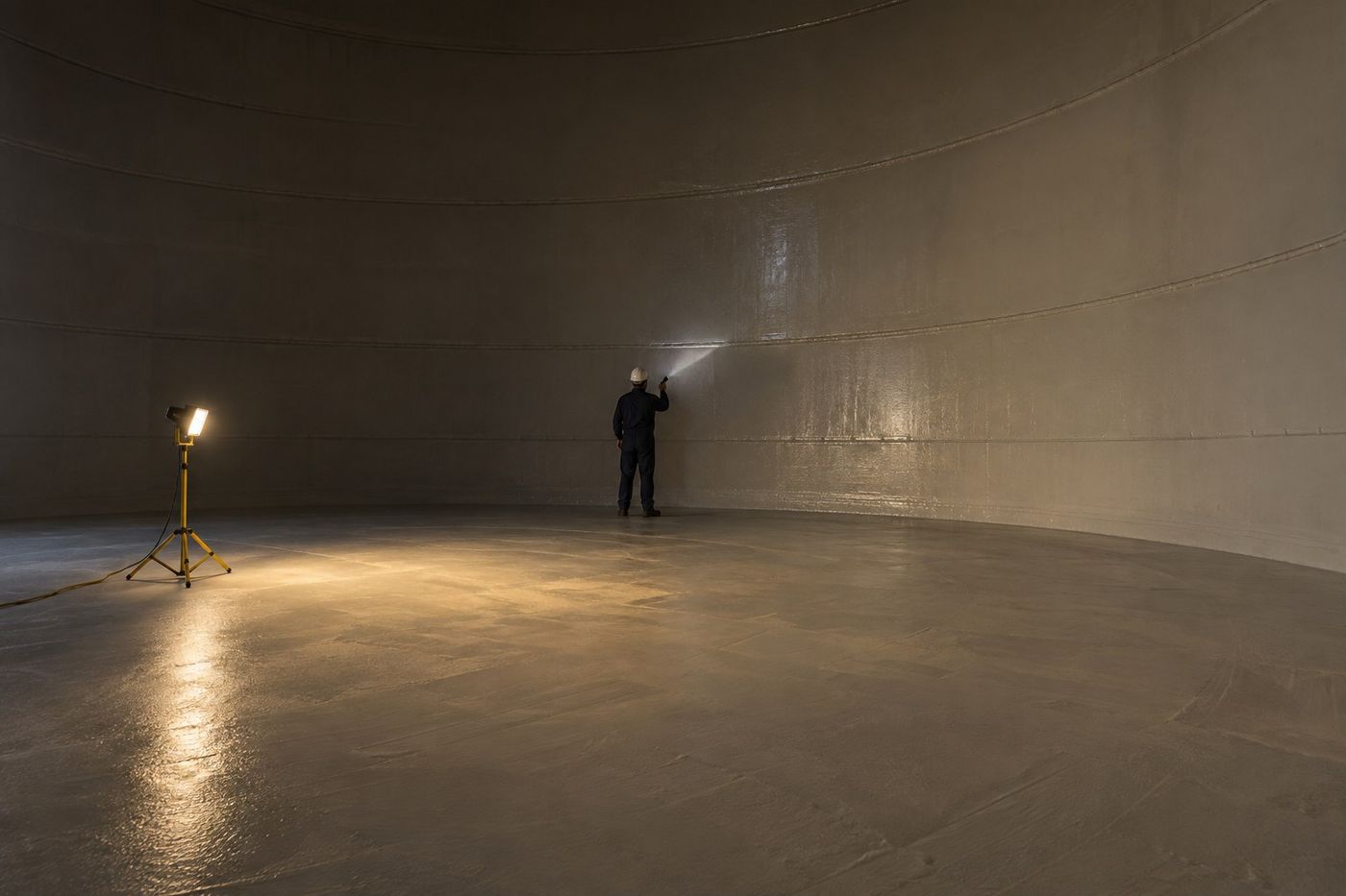 Inspector with a flashlight checking the light gray lining inside a large empty steel storage tank