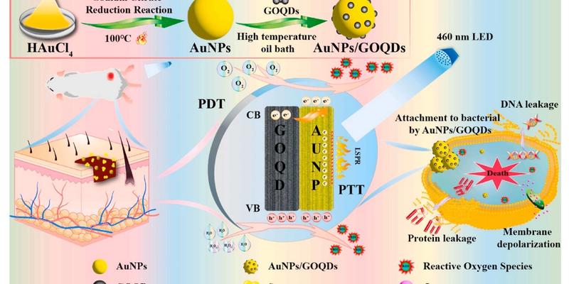 Shining blue light on gold-graphene nanodots achieves wound healing trifecta