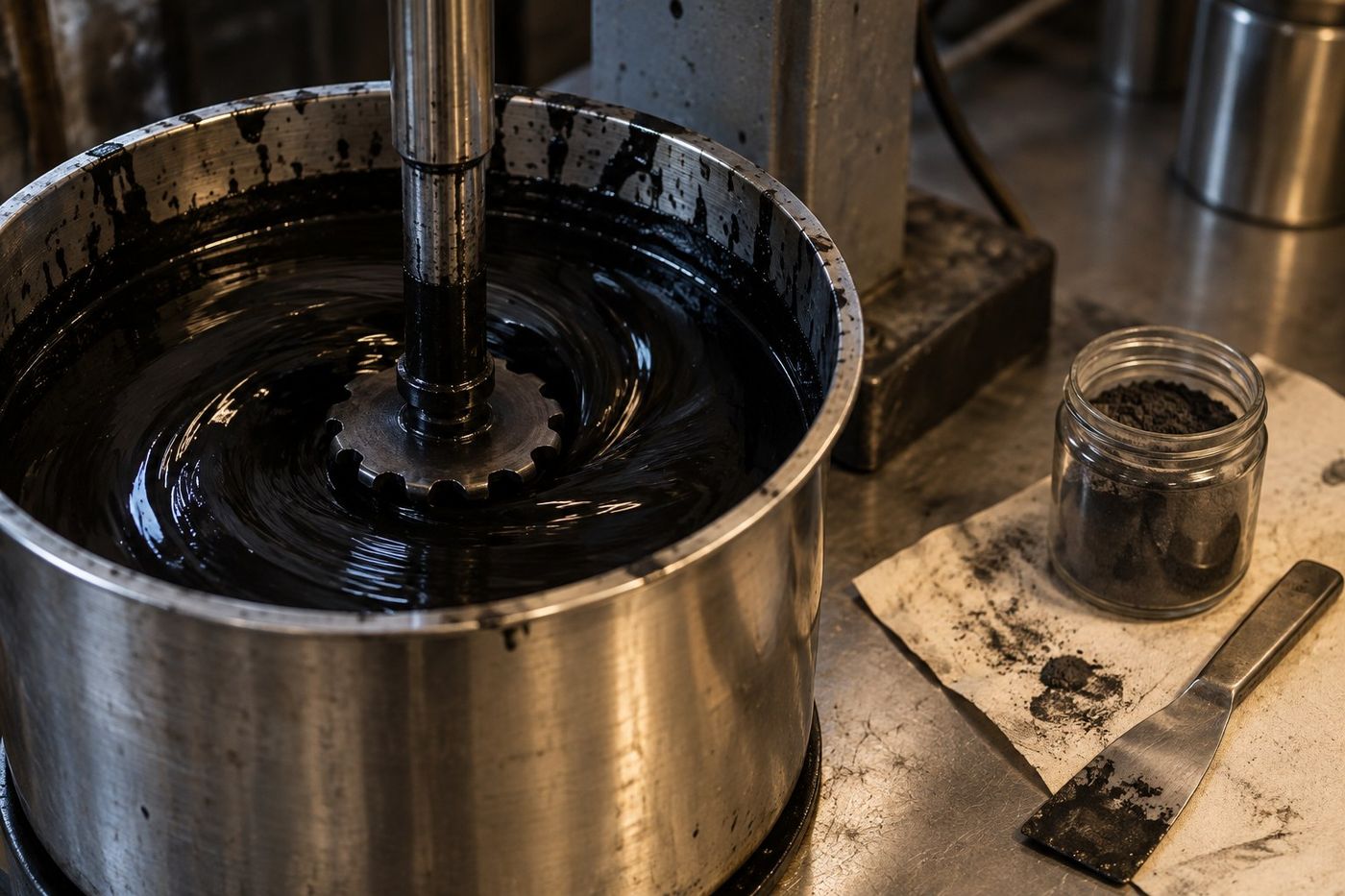 High-speed disperser blade mixing a glossy black coating in a stainless steel pot, with a jar of carbon powder and a spatula beside it