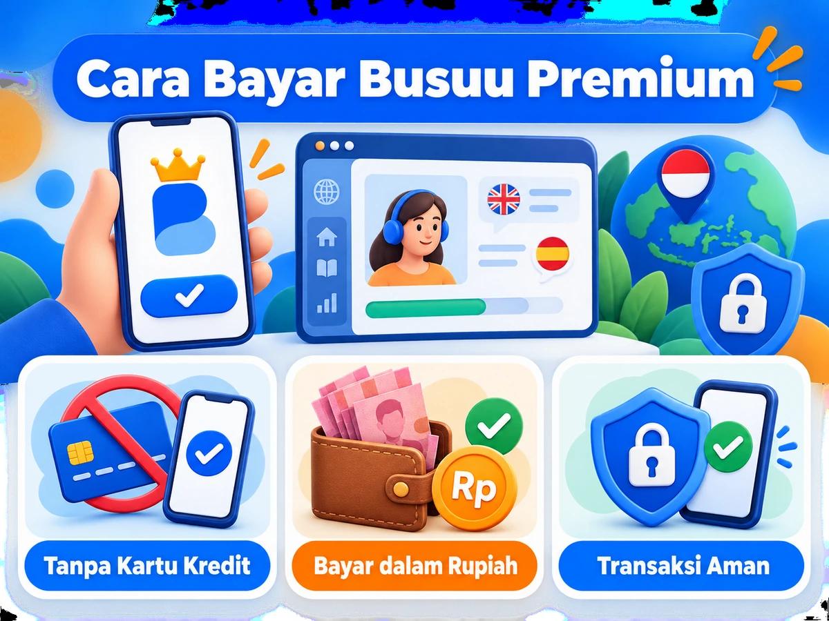 Ilustrasi pembayaran Busuu Premium dari Indonesia melalui ponsel, perencanaan biaya rupiah, dan konfirmasi transaksi digital yang aman.