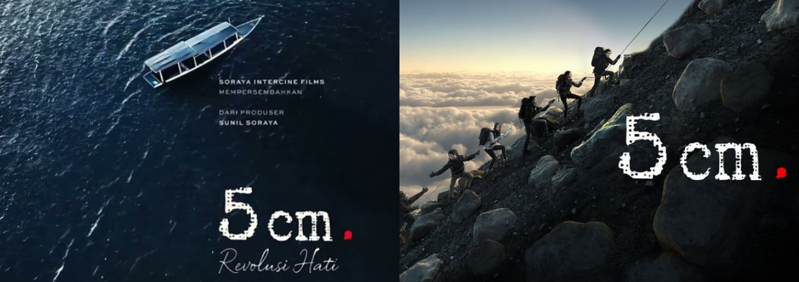 Ilustrasi poster film 5 cm revolusi hati menampilkan gunung dan laut sebagai latar belakang petualangan baru.