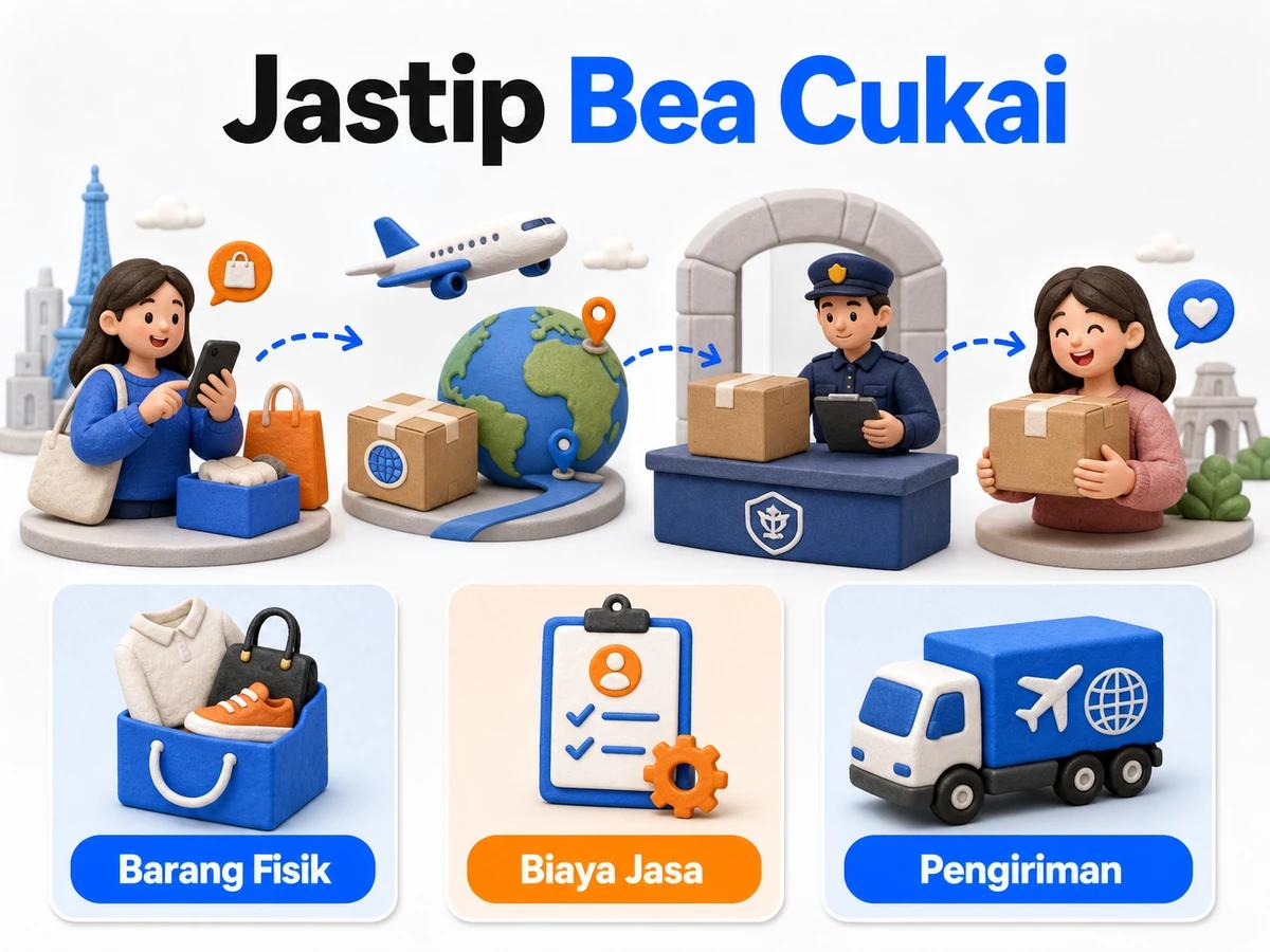 Ilustrasi alur jastip dan jasa bayar: pembelian barang luar negeri, pembayaran digital aman, dan paket diterima pelanggan Indonesia.