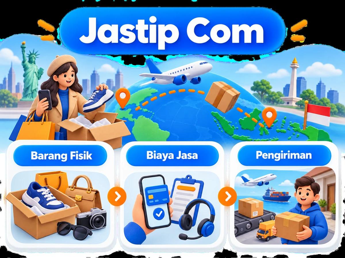 Ilustrasi alur jastip dan jasa bayar: pembelian barang luar negeri, pembayaran digital aman, dan paket diterima pelanggan Indonesia.