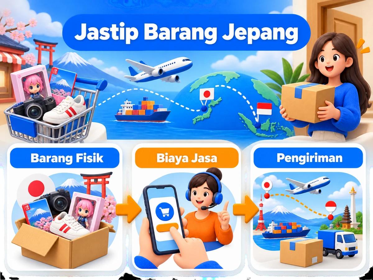 Ilustrasi alur jastip dan jasa bayar: pembelian barang luar negeri, pembayaran digital aman, dan paket diterima pelanggan Indonesia.