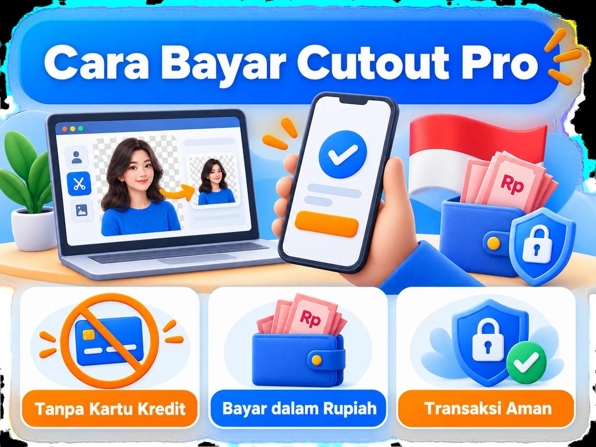 Ilustrasi pembayaran Cutout Pro dari Indonesia melalui ponsel, perencanaan biaya rupiah, dan konfirmasi transaksi digital yang aman.