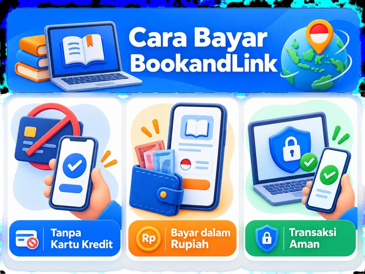 Ilustrasi pembayaran BookandLink dari Indonesia melalui ponsel, perencanaan biaya rupiah, dan konfirmasi transaksi digital yang aman.