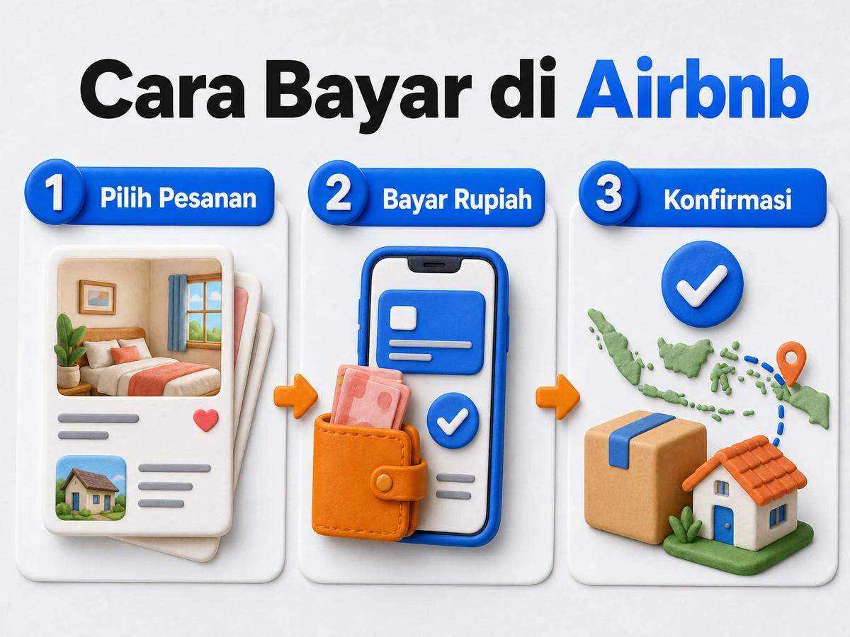 Ilustrasi belanja di Airbnb dari Indonesia, mulai dari memilih produk atau pesanan hingga pembayaran dan konfirmasi transaksi.