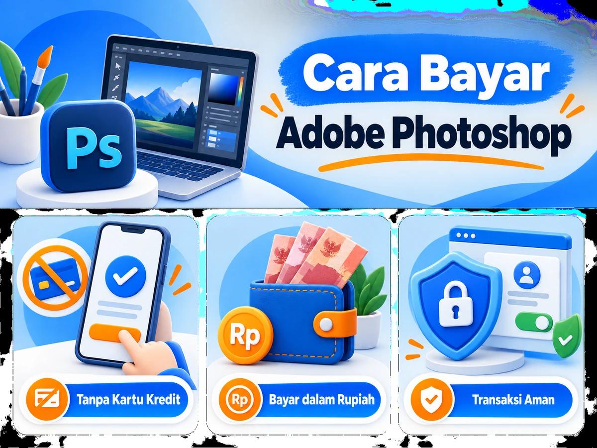 Ilustrasi pembayaran Adobe Photoshop dari Indonesia melalui ponsel, perencanaan biaya rupiah, dan konfirmasi transaksi digital yang aman.