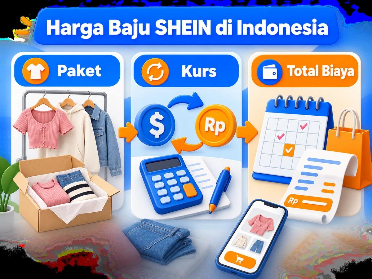 Ilustrasi perbandingan paket dan perencanaan biaya Baju SHEIN dalam rupiah menggunakan kalkulator dan kalender bulanan.