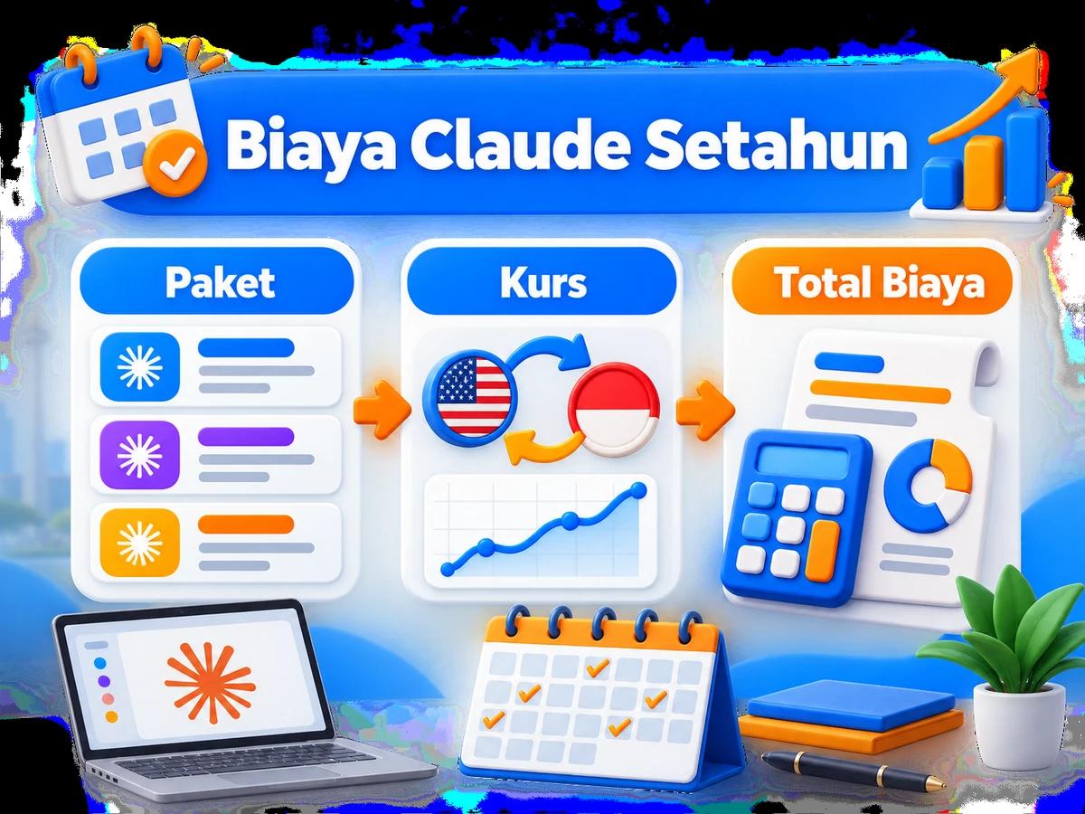 Ilustrasi perbandingan paket dan perencanaan biaya Claude dalam rupiah menggunakan kalkulator dan kalender bulanan.