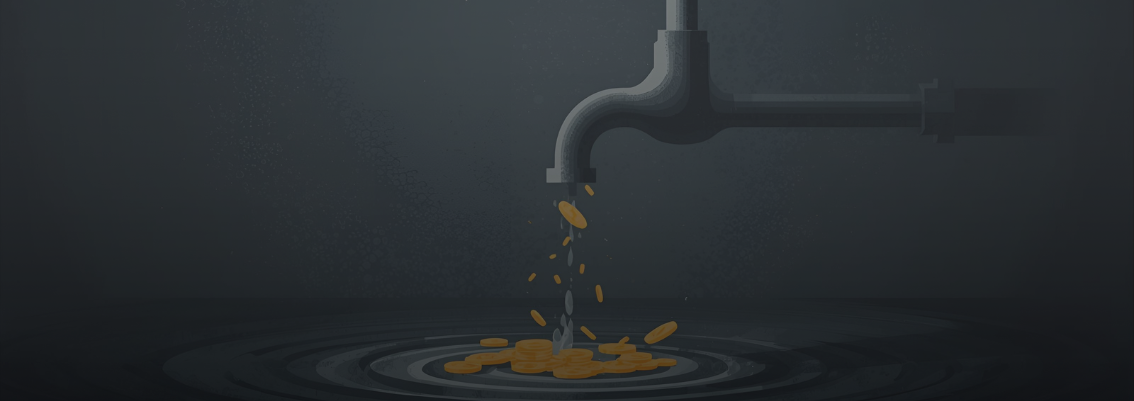 An illustration of a faucet dripping coins, symbolizing a beginner freelancer's financial mistake of letting money drain away by subscribing to premium tools alone.