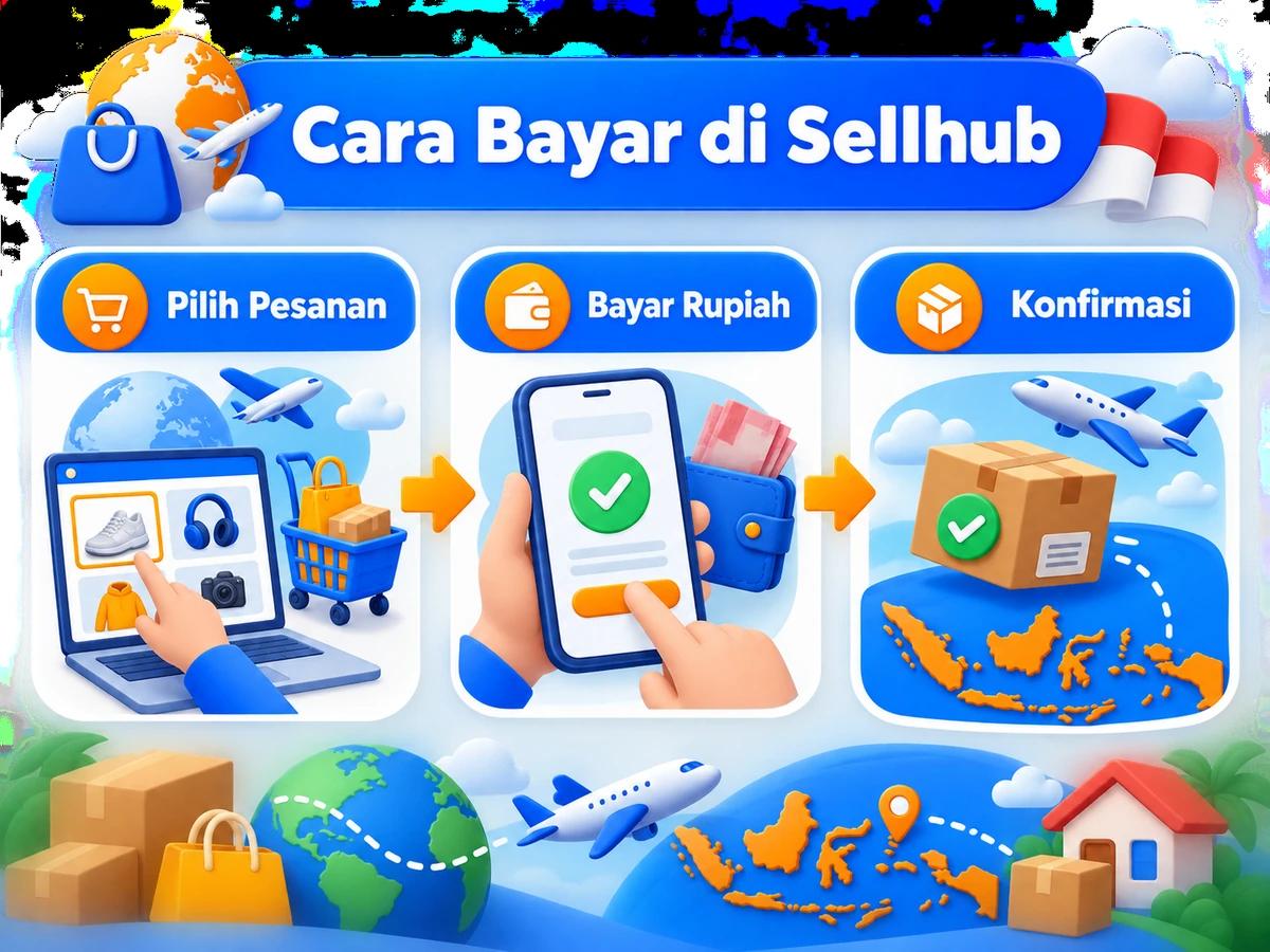Ilustrasi belanja di Sellhub dari Indonesia, mulai dari memilih produk atau pesanan hingga pembayaran dan konfirmasi transaksi.