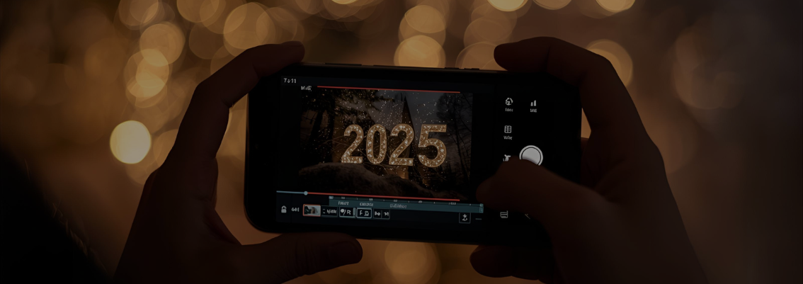 Person editing a 2025 Recap video using CapCut app on smartphone with festive year-end background lights.