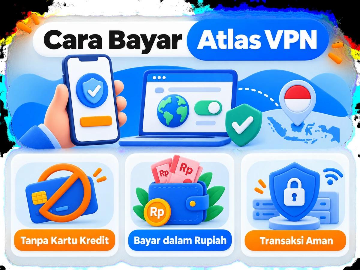 Ilustrasi pembayaran Atlas VPN dari Indonesia melalui ponsel, perencanaan biaya rupiah, dan konfirmasi transaksi digital yang aman.