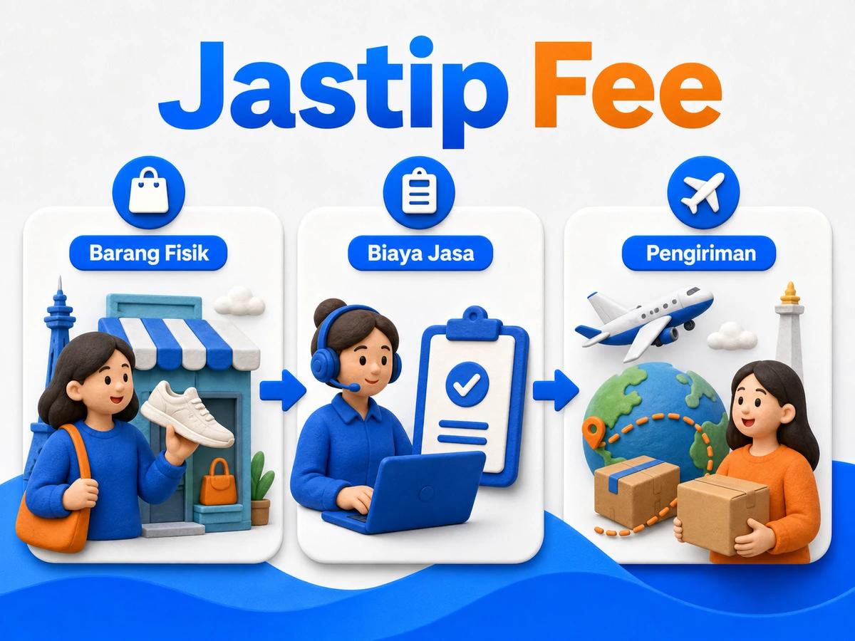 Ilustrasi alur jastip dan jasa bayar: pembelian barang luar negeri, pembayaran digital aman, dan paket diterima pelanggan Indonesia.