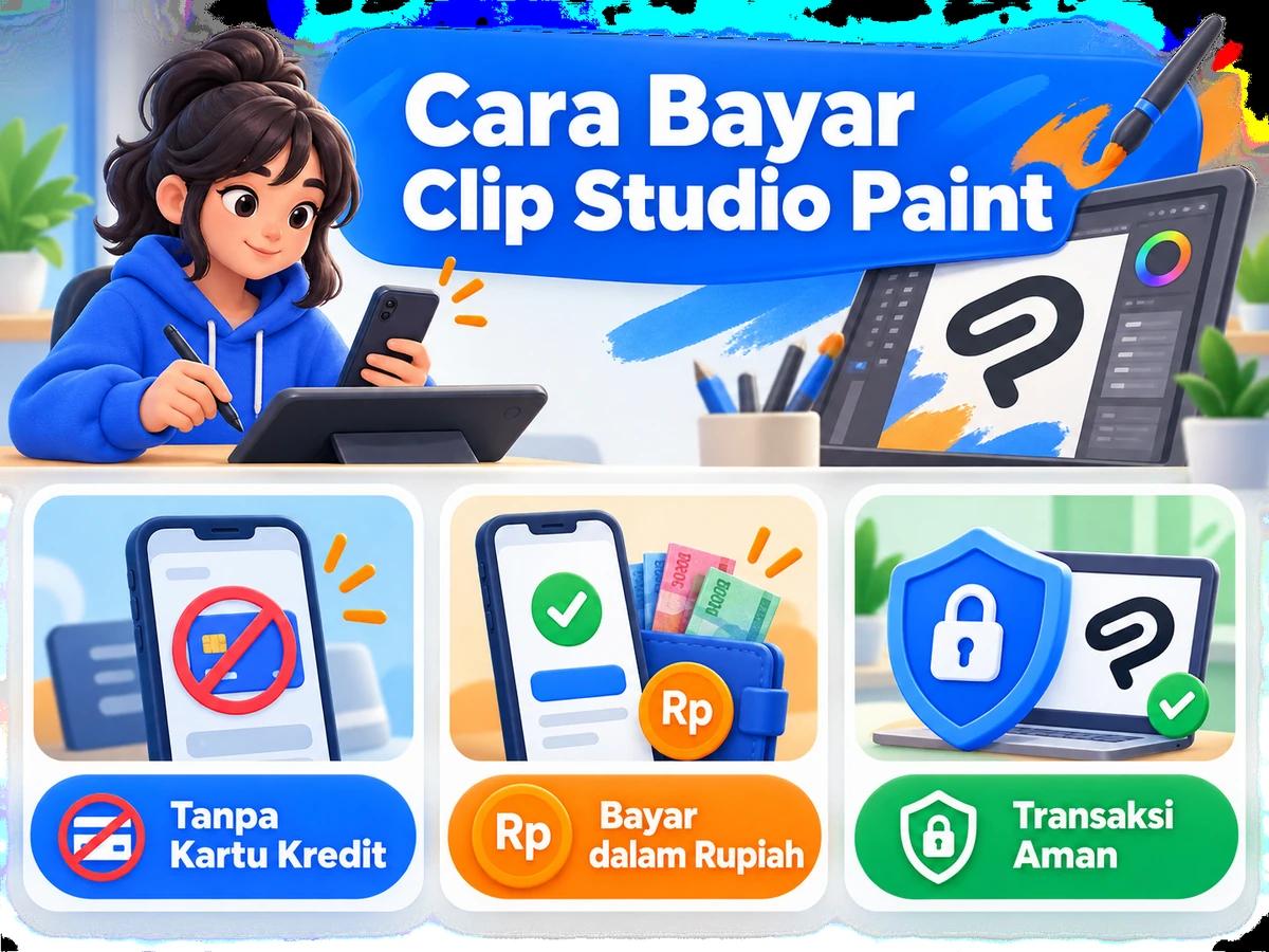Ilustrasi pembayaran Clip Studio Paint dari Indonesia melalui ponsel, perencanaan biaya rupiah, dan konfirmasi transaksi digital yang aman.