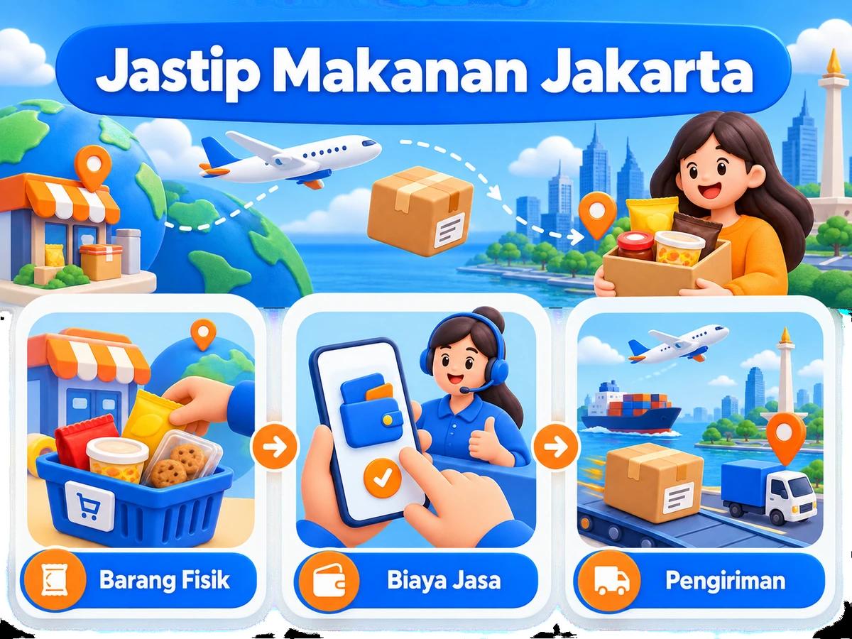 Ilustrasi alur jastip dan jasa bayar: pembelian barang luar negeri, pembayaran digital aman, dan paket diterima pelanggan Indonesia.