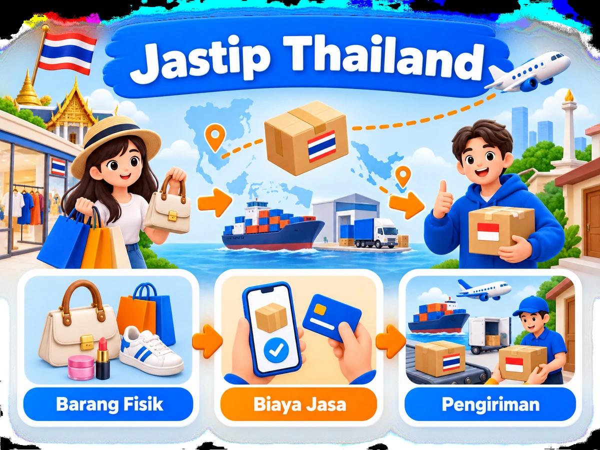 Ilustrasi alur jastip dan jasa bayar: pembelian barang luar negeri, pembayaran digital aman, dan paket diterima pelanggan Indonesia.