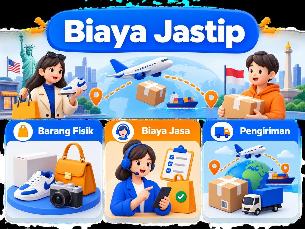 Ilustrasi alur jastip dan jasa bayar: pembelian barang luar negeri, pembayaran digital aman, dan paket diterima pelanggan Indonesia.