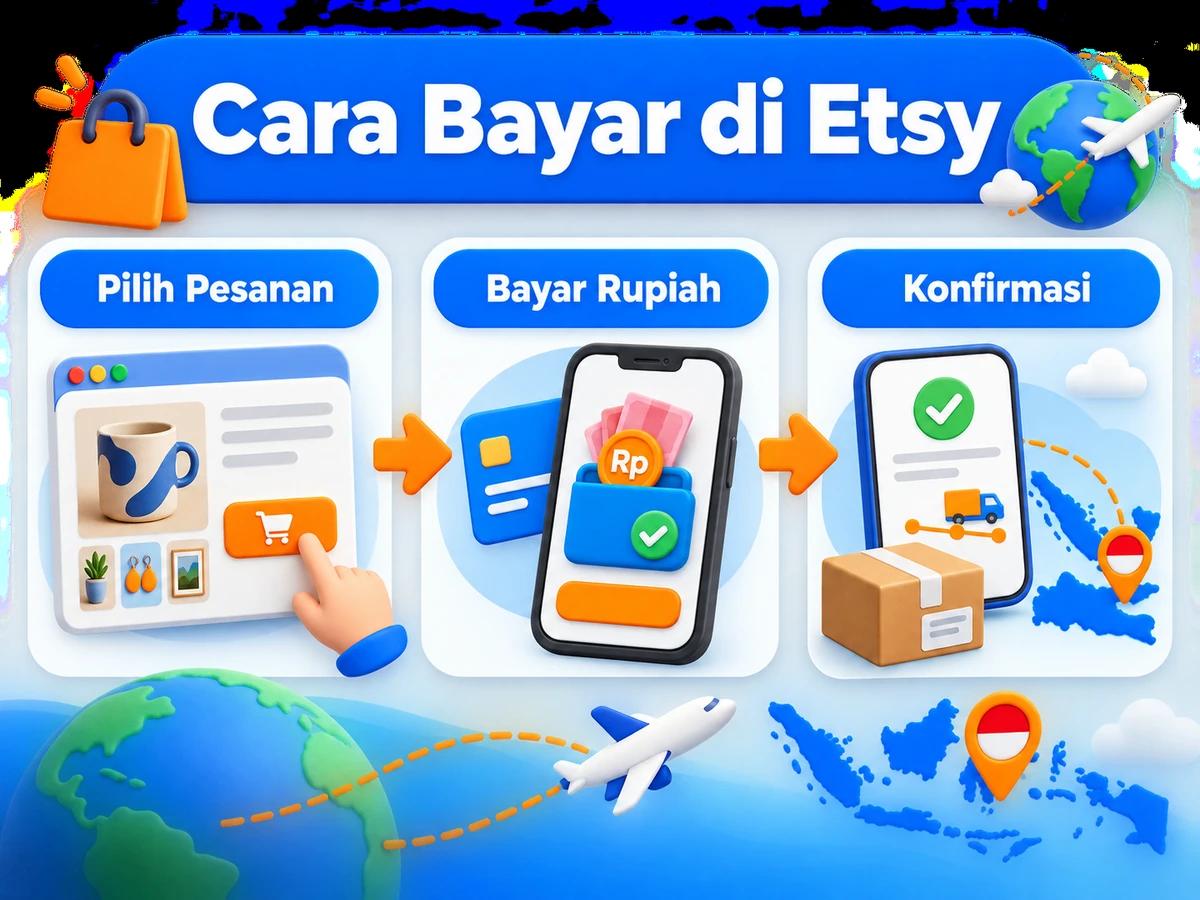 Ilustrasi belanja di Etsy dari Indonesia, mulai dari memilih produk atau pesanan hingga pembayaran dan konfirmasi transaksi.