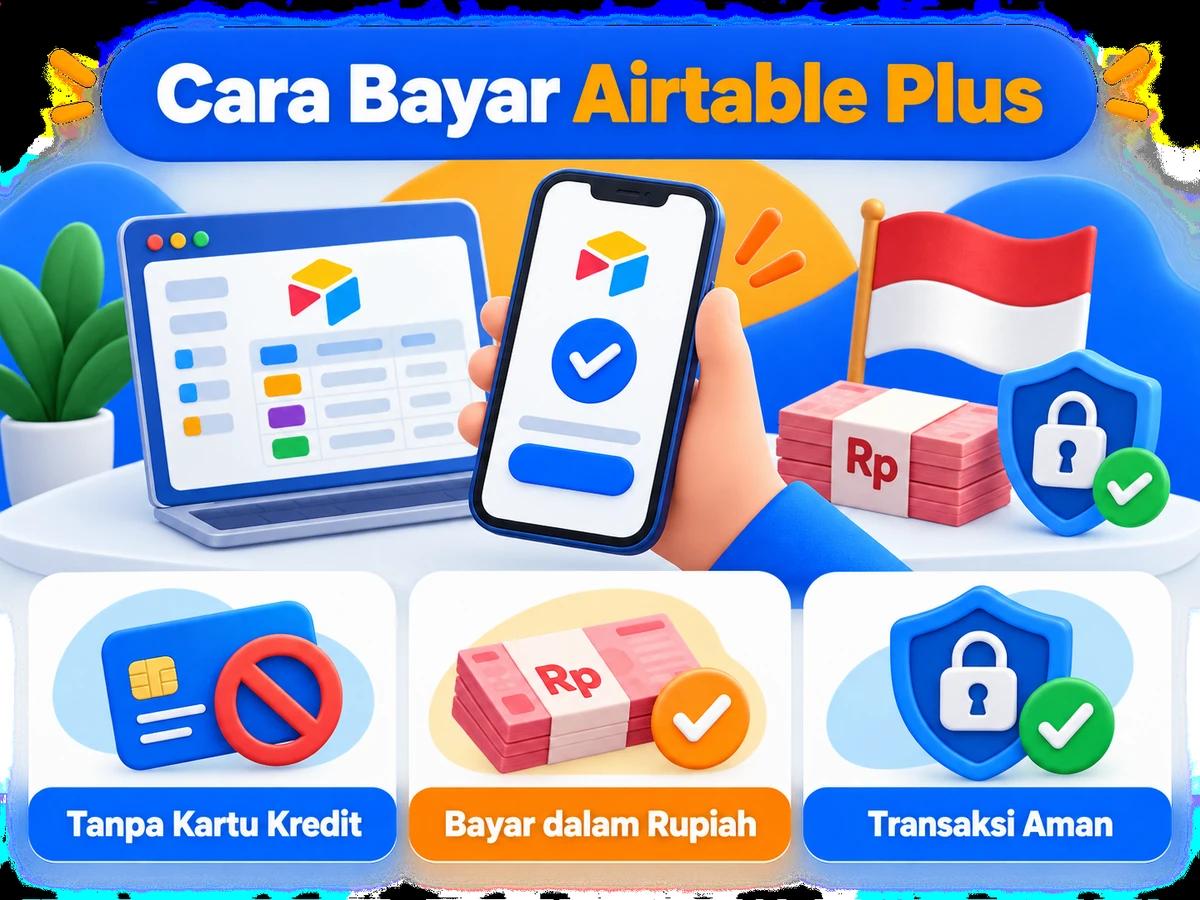Ilustrasi pembayaran Airtable Plus dari Indonesia melalui ponsel, perencanaan biaya rupiah, dan konfirmasi transaksi digital yang aman.