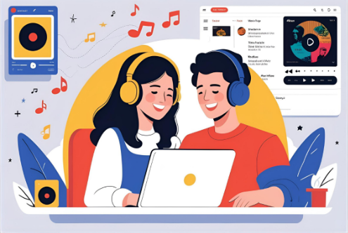 Illustration of two people enjoying Spotify Premium together on a laptop with a music player interface on screen.