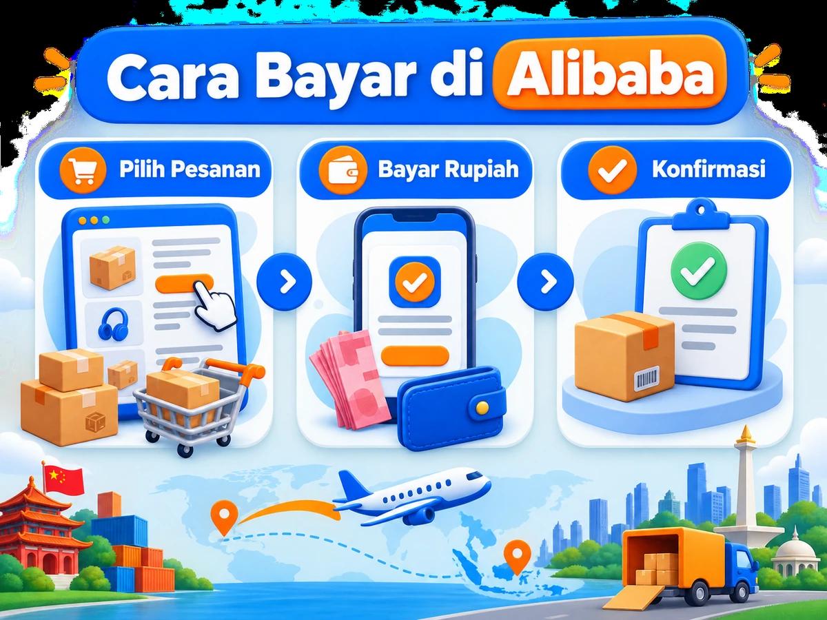 Ilustrasi belanja di Alibaba dari Indonesia, mulai dari memilih produk atau pesanan hingga pembayaran dan konfirmasi transaksi.