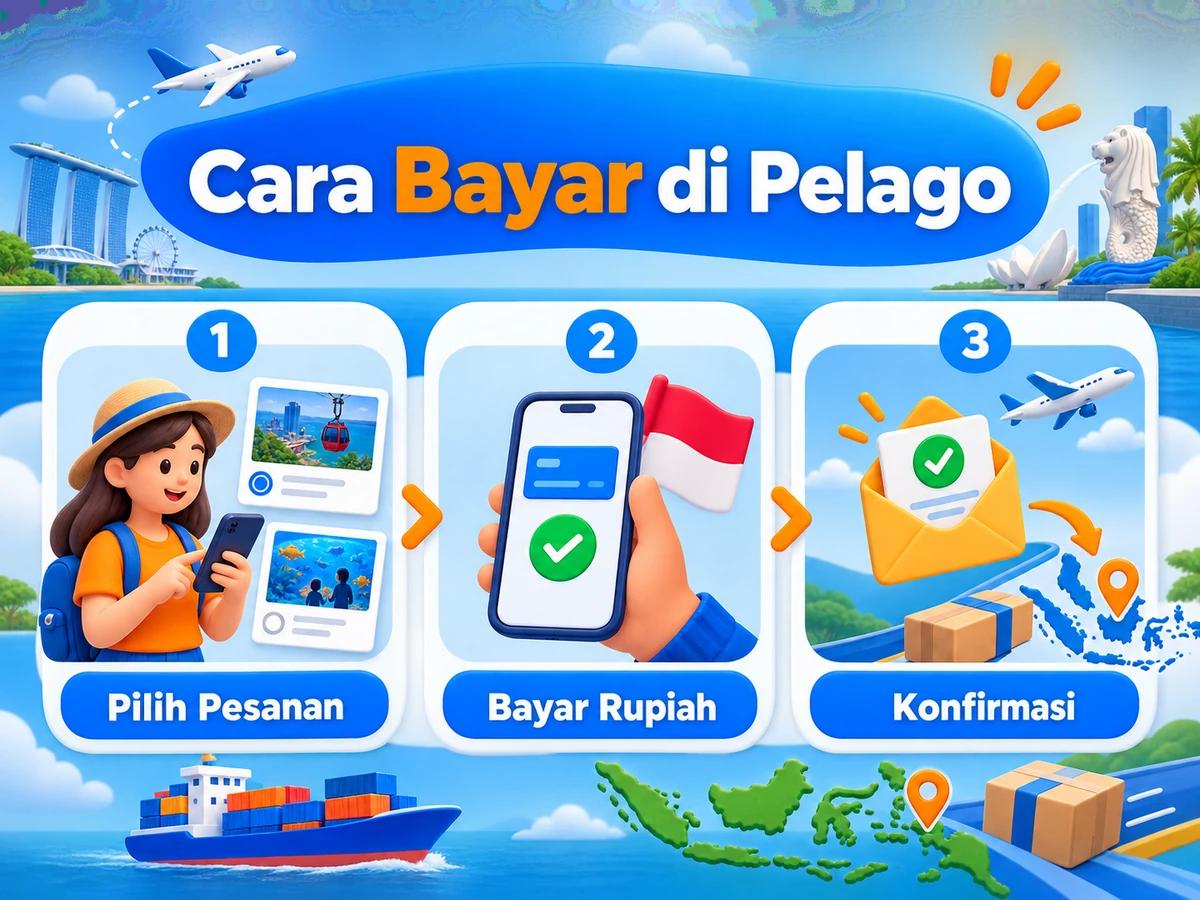 Ilustrasi belanja di Pelago dari Indonesia, mulai dari memilih produk atau pesanan hingga pembayaran dan konfirmasi transaksi.