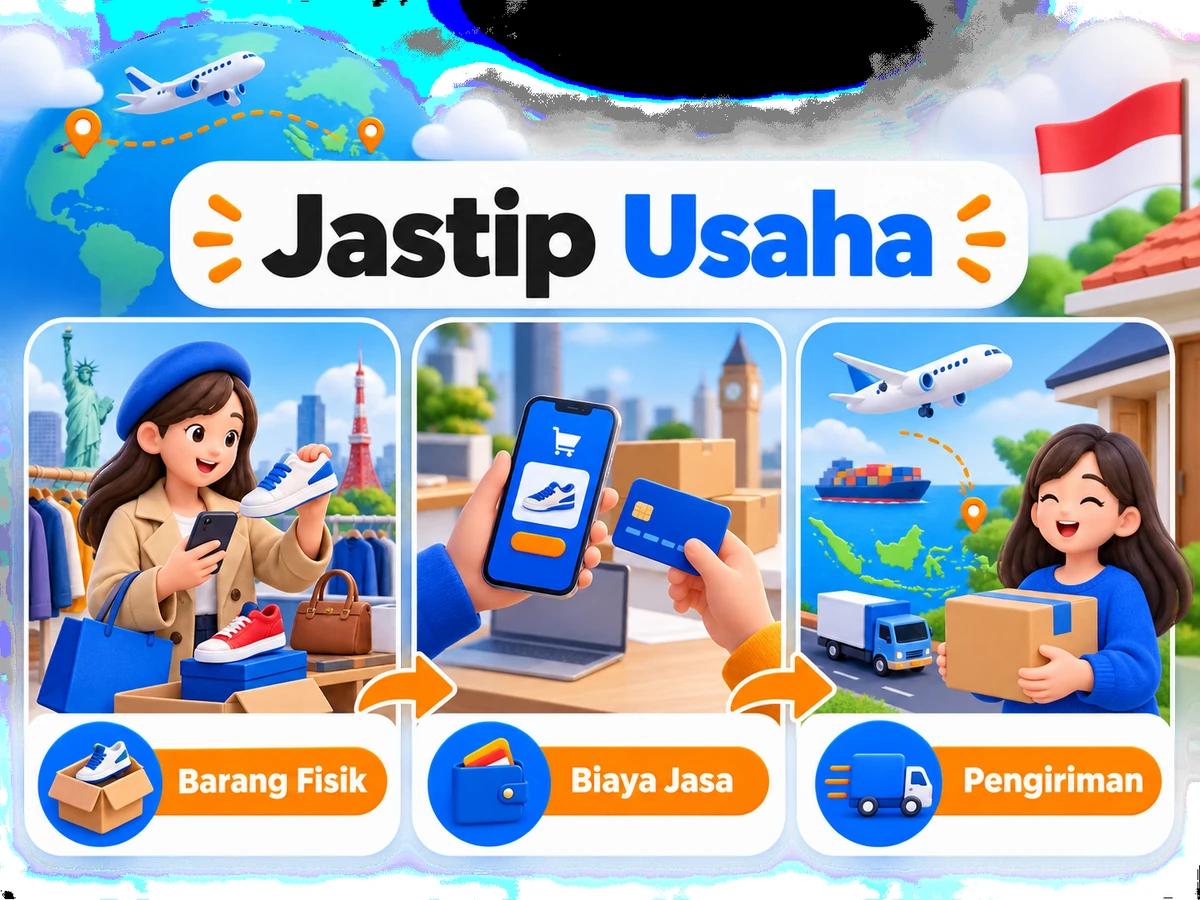 Ilustrasi alur jastip dan jasa bayar: pembelian barang luar negeri, pembayaran digital aman, dan paket diterima pelanggan Indonesia.