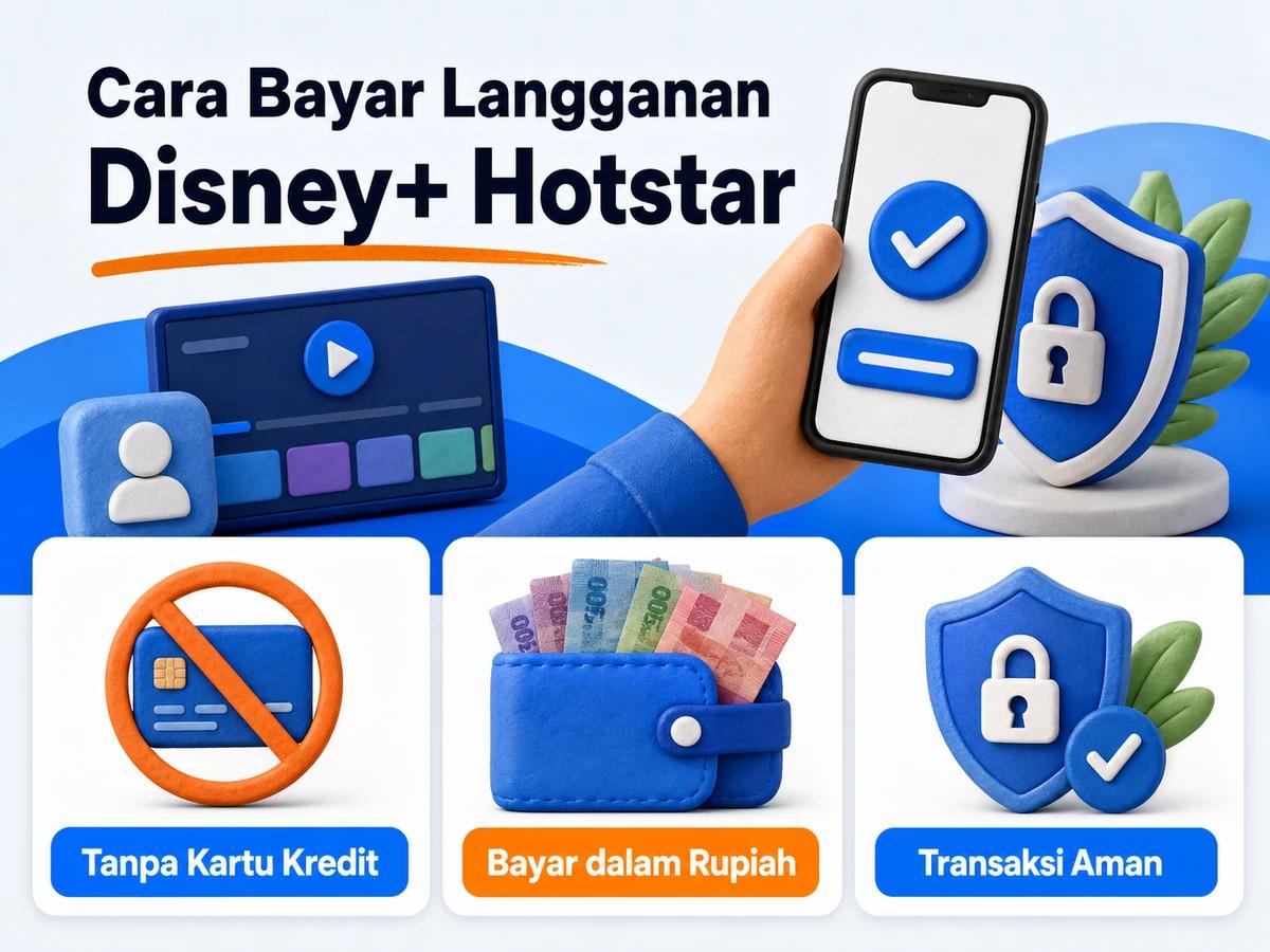 Ilustrasi pembayaran Langganan Disney+ Hotstar dari Indonesia melalui ponsel, perencanaan biaya rupiah, dan konfirmasi transaksi digital yang aman.