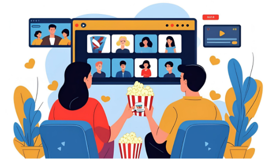 A couple sits in front of a large screen displaying the Prime Video streaming service with multiple user profiles. They are holding popcorn while enjoying a show together, surrounded by illustrative elements in blue and yellow tones.