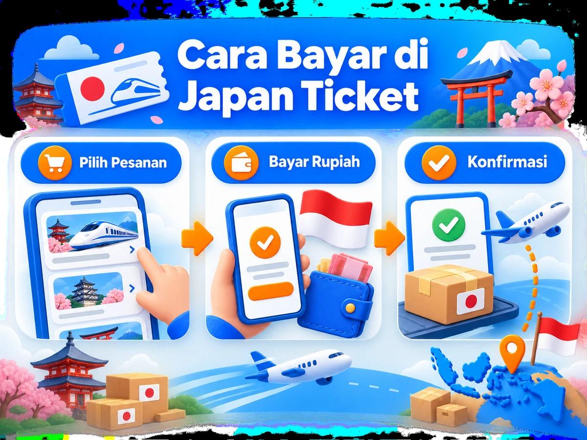 Ilustrasi belanja di Japan Ticket dari Indonesia, mulai dari memilih produk atau pesanan hingga pembayaran dan konfirmasi transaksi.